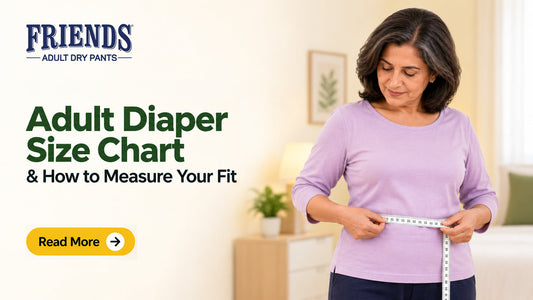 Adult diaper size chart with measuring guide for the right fit