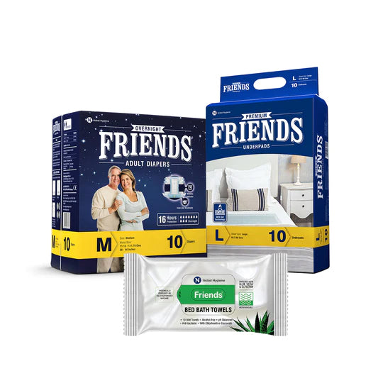 Friends Overnight Adult Diapers + Premium Underpads + Bed Bath Towels Combo Pack