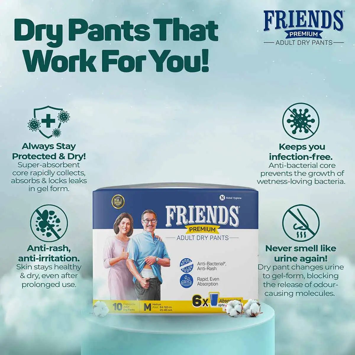 Buy Friends Premium Adult Diaper Pants Medium size, Waist 25-48 in, High  Absorbency Anti-Bacterial Core, 10s PACK at lowest price | Dotage Store
